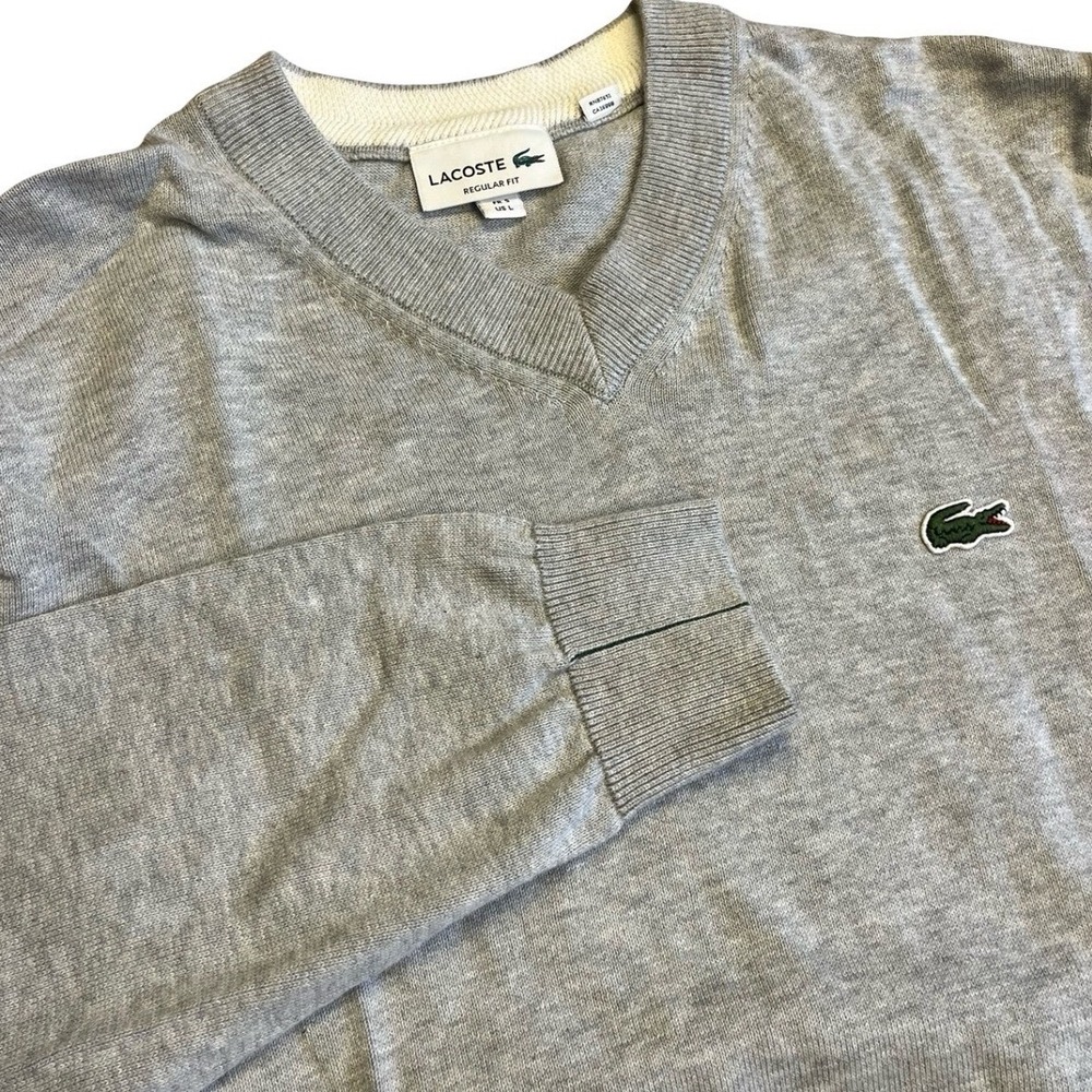 Lacoste Mens Regular Fit V-Neck Sweater Heather Gray Cotton Knit US L FR 5